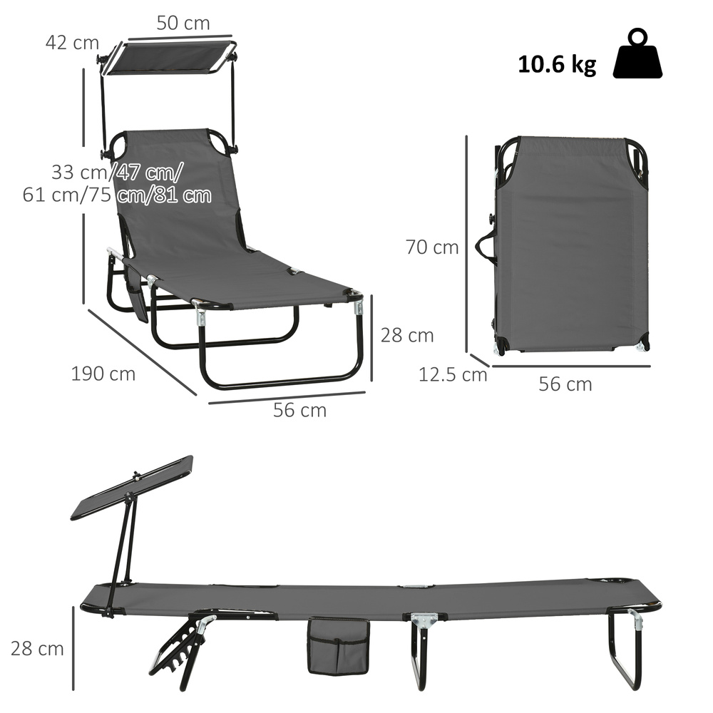 Outsunny Set of Two Folding Sun Loungers, with Adjustable Backs and Sun Canopies - Grey