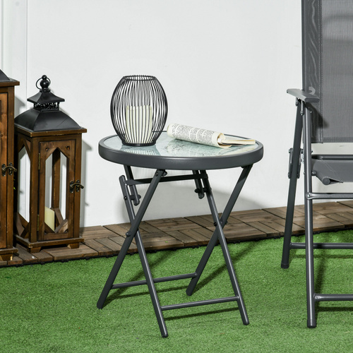 Outsunny Φ45cm Garden Side Table, Outdoor Round Folding Patio Table with Imitation Marble Glass Top, Small Coffee Table, White