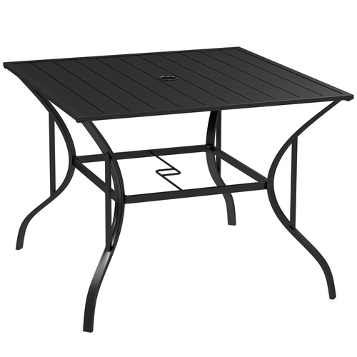 Outsunny 94 x 94 cm Garden Table with Parasol Hole, Outdoor Dining Garden Table for Four with Slatted Metal Plate Top, Black