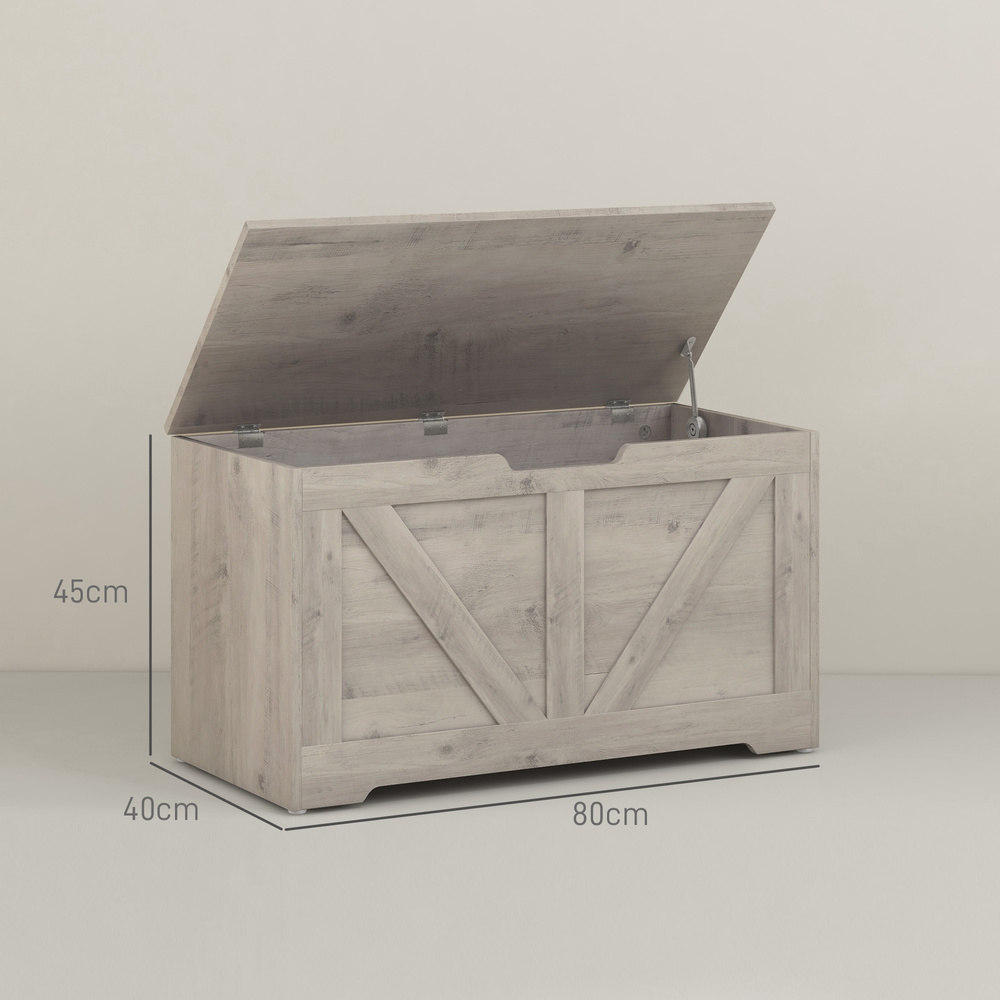 HOMCOM 100L Home Storage Box, with Safety Hinges - Grey Wood-Effect
