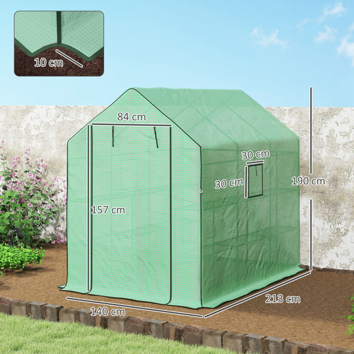 Outsunny Walk-in Greenhouse with 3 Tier 12 Shelves, Small Greenhouse with Reinforced PE Cover, Garden Plant Growhouse with Roll-up Door and Three Mesh Windows, 140 x 213 x 190 cm, Green