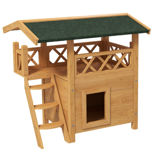PawHut Cat House Outdoor w/ Balcony Stairs Roof, 77 x 50 x 73 cm, Natural Wood Finish