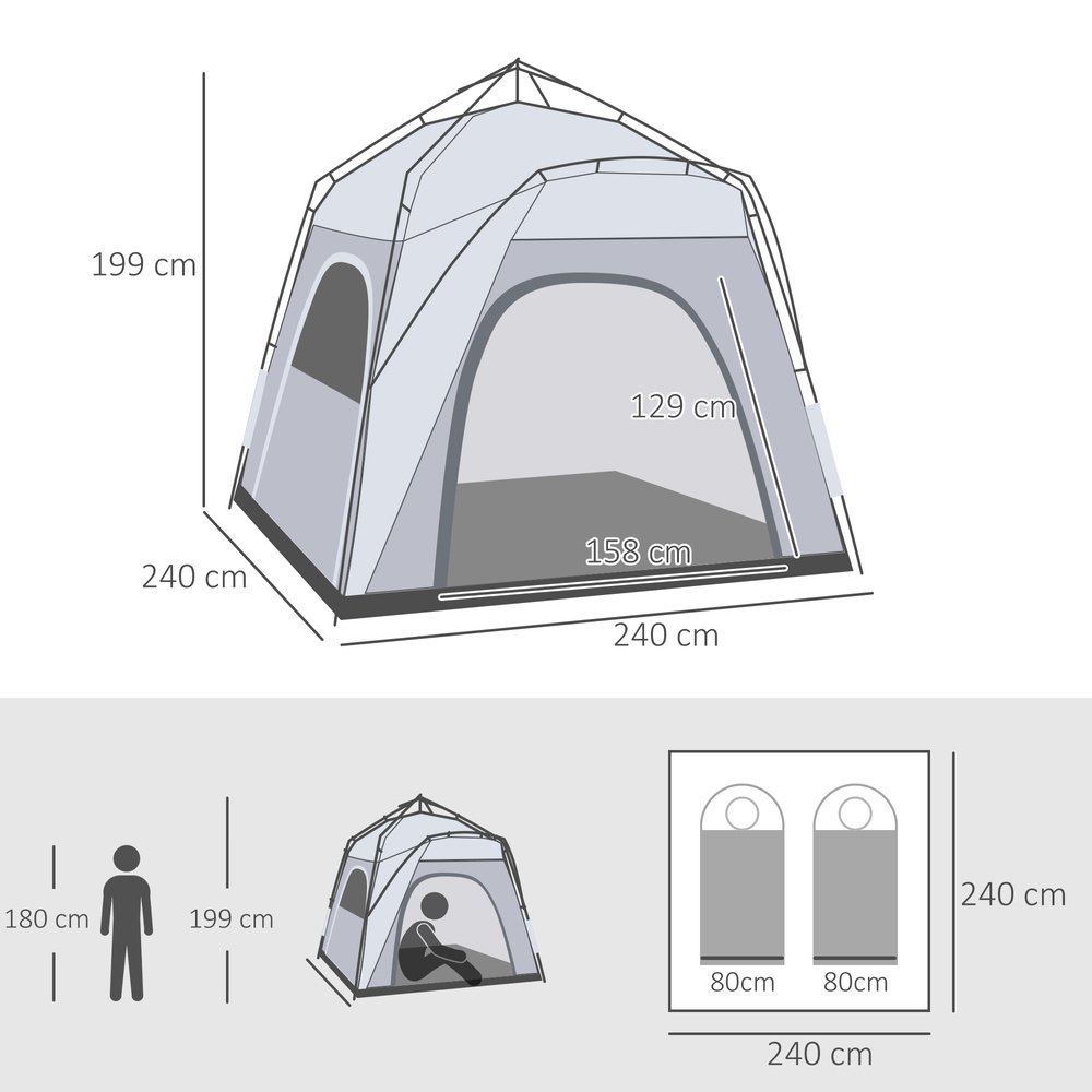 Outsunny 4 Person Automatic Camping Tent, Outdoor Pop Up Tent, Portable Backpacking Dome Shelter, Light Grey