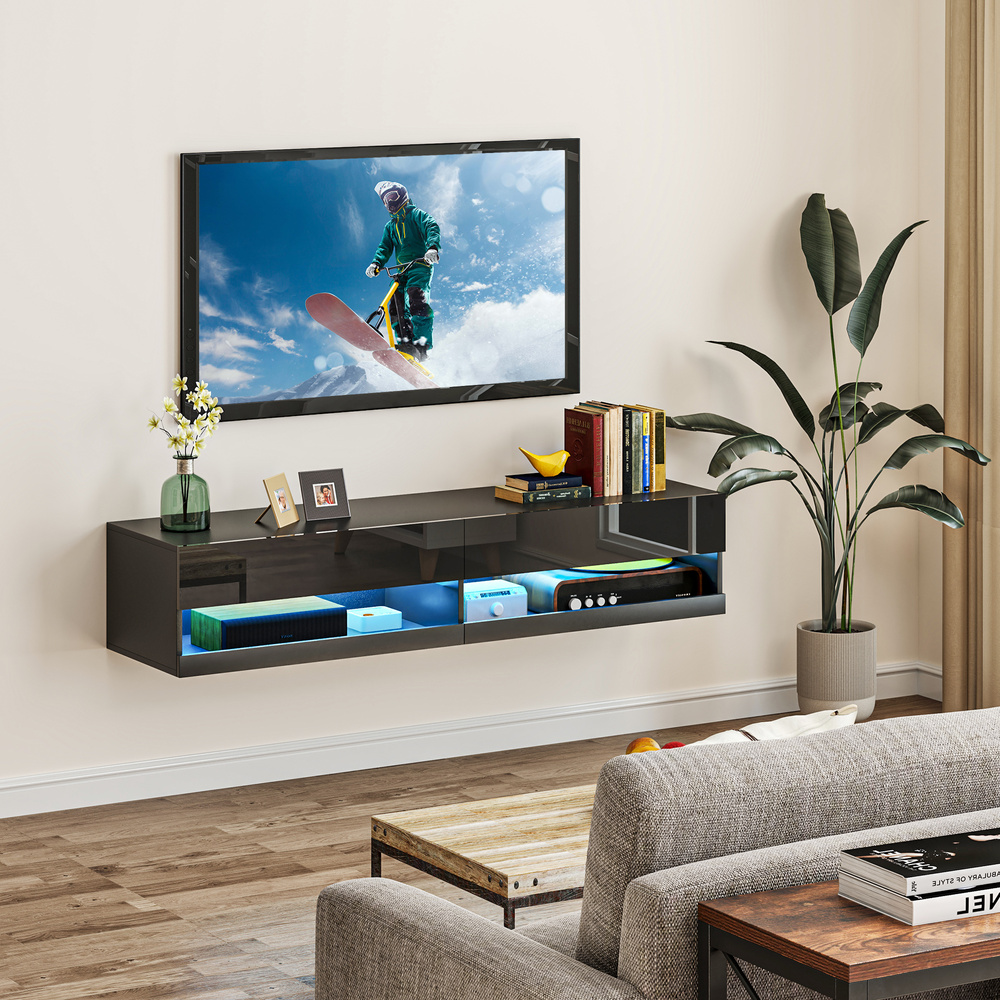 HOMCOM Floating TV Unit, Wall Mounted TV Cabinet for TVs up to 65", High Gloss Media Wall Unit with LED Lights, Storage Shelves, APP Control for Living Entertainment Room, Black