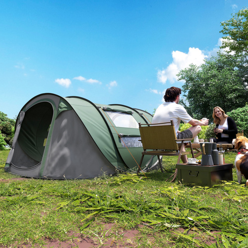 Outsunny 4 Person Pop-up Camping Tent Family Tent with Ground Sheet, 4 Windows and Portable Carry Bag for Beach Outdoor Trip, Dark Green