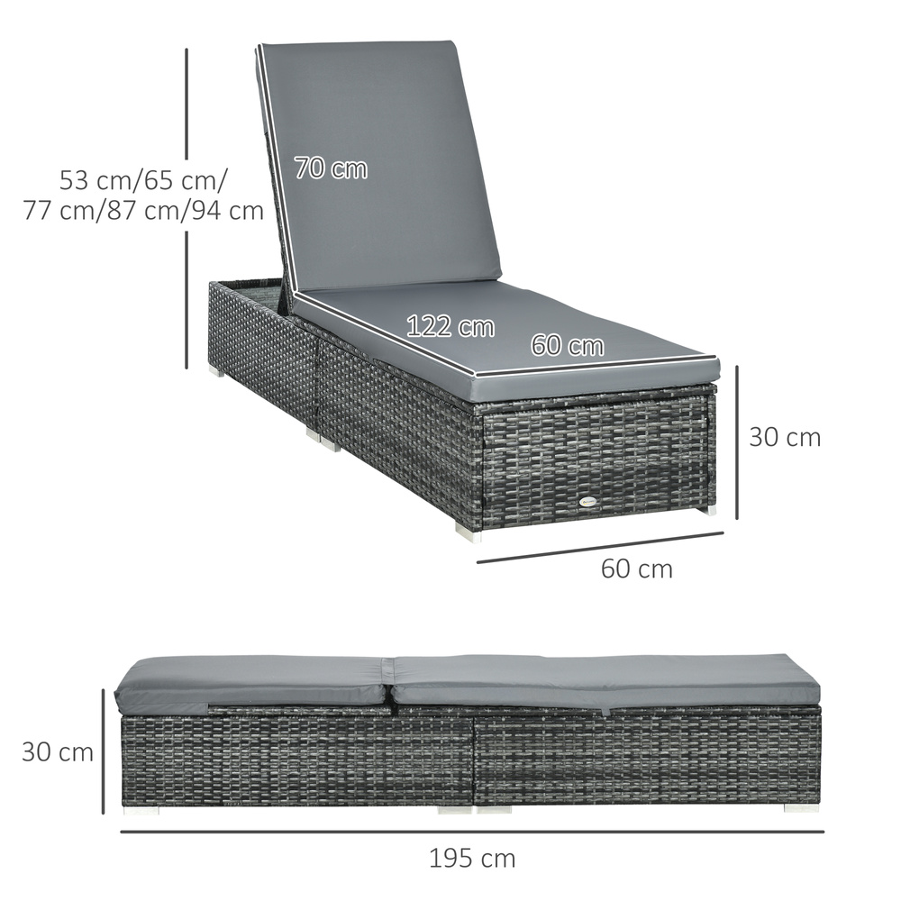 Outsunny PE Rattan Sun Lounger, Five-level Adjustable Recliner Bed Chair with Soft Padded Cushion for Patio, Garden, Mixed Grey