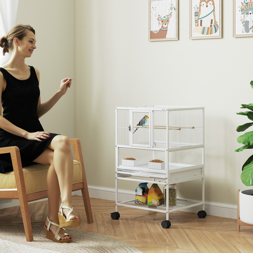 PawHut Bird Cage with Rolling Stand, Acrylic Viewing Panels, Storage Shelf, for Budgie, Parakeet, 48 x 46 x 83 cm