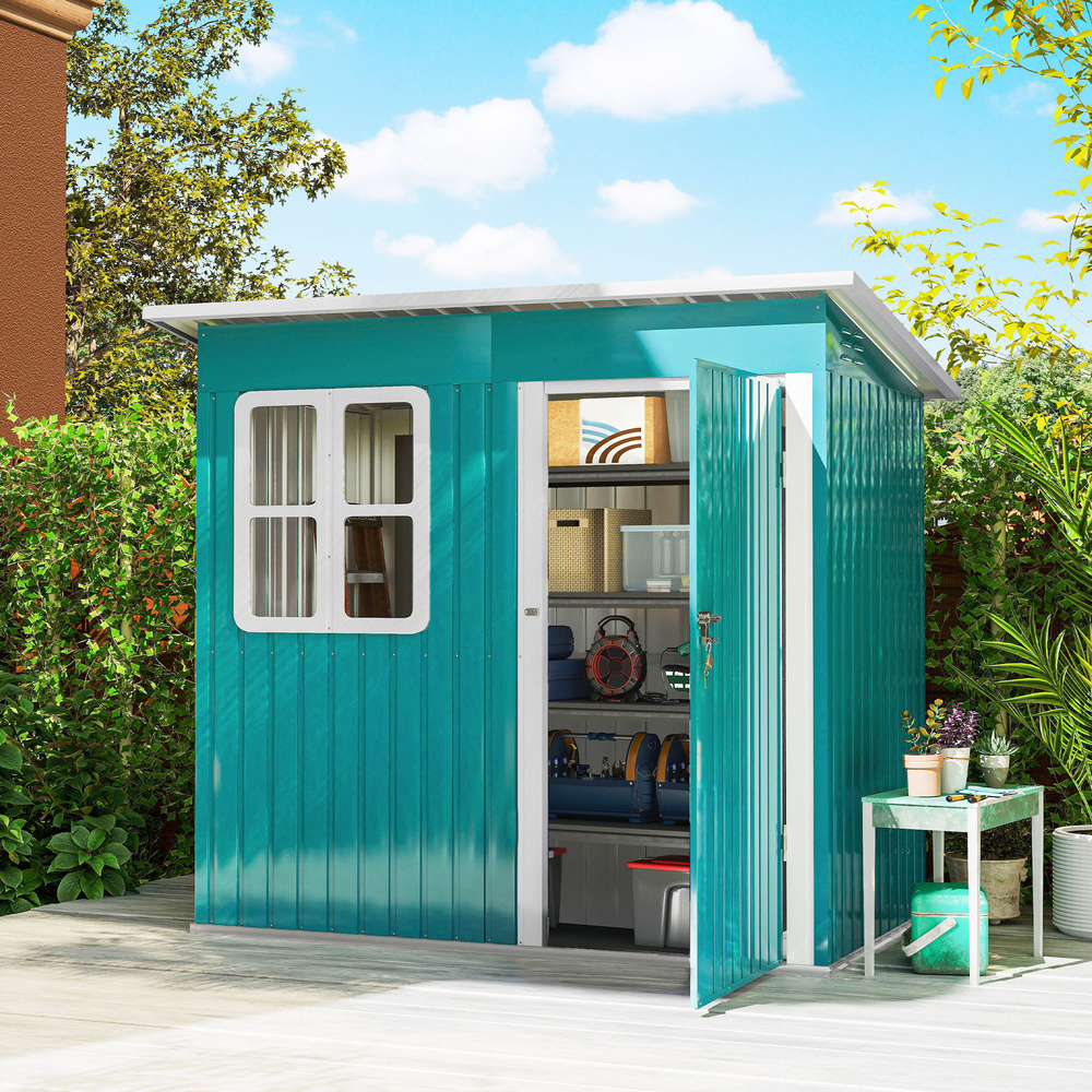 Outsunny 7 x 4ft Galvanised Steel Garden Shed, with Lock, Gloves and Foundation Kit - Green