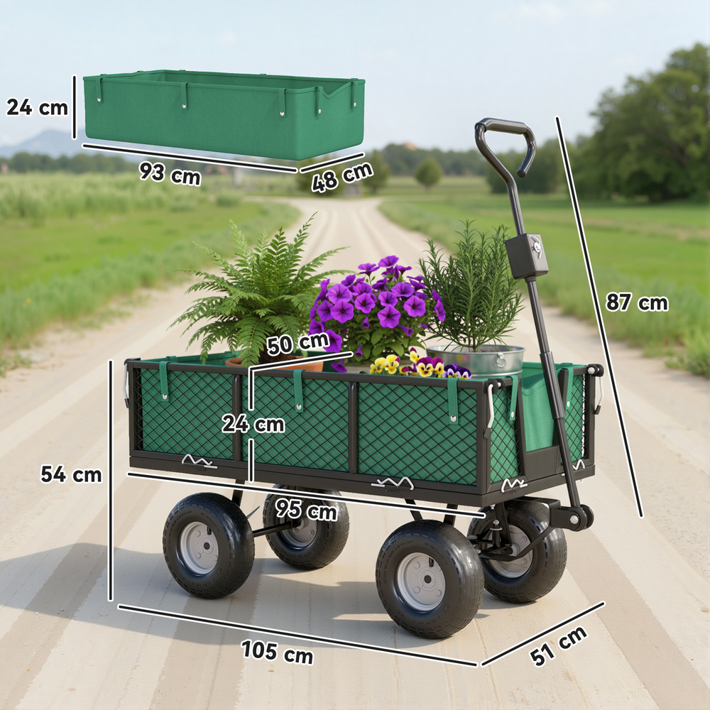 Outsunny 114L Steel Frame Garden Cart Trolley - Green