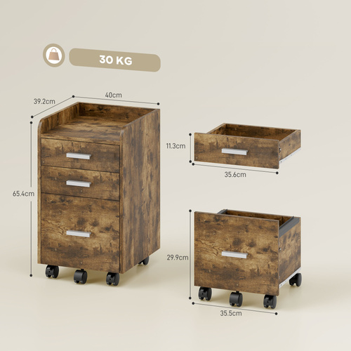 HOMCOM 3 Drawer Filing Cabinet, Rolling File Cabinet with Edged Top for Letter, A4 Size, Hanging File Folders, Rustic Brown