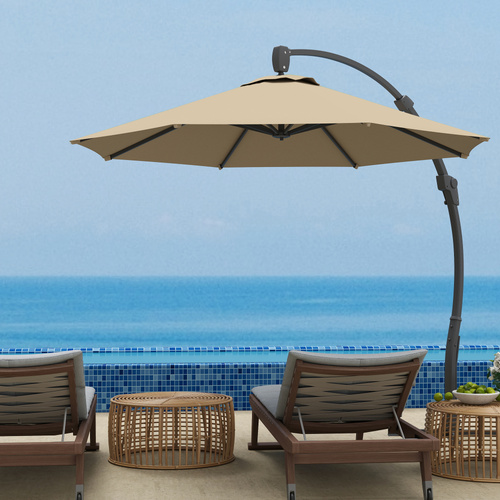 Outsunny 3(m) Garden Cantilever Parasol, Round Overhanging Umbrella with Crank Handle, Cross Base, Aluminium Frame and 360° Rotation, Banana Patio Umbrella for Outdoor Sun Shade, Khaki