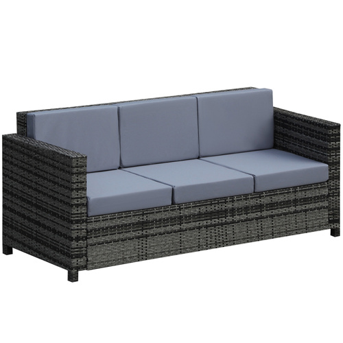 Outsunny 3 Seater All Weather Outdoor Sofa, Garden Rattan Sofa with Cushions and Mental Frame, Grey
