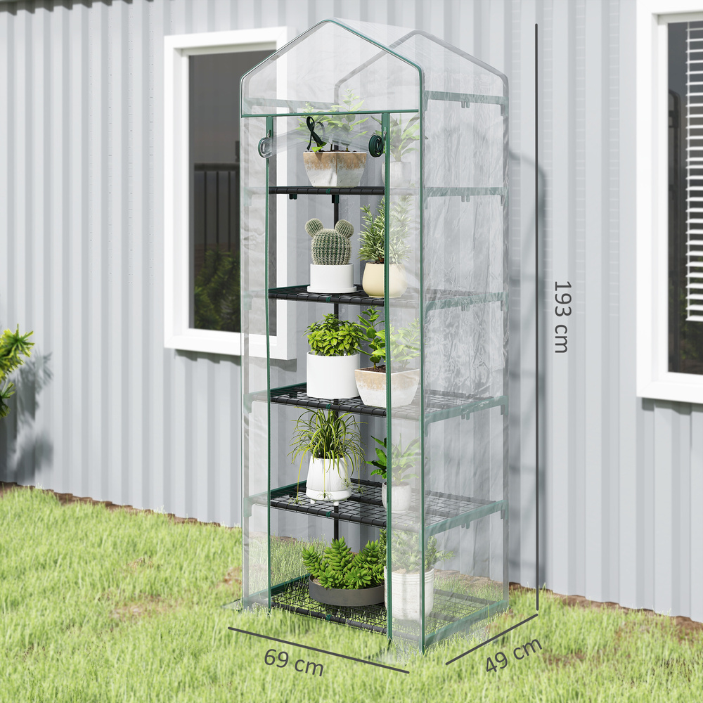 Outsunny 5 Tier Mini Greenhouse, Small Walk-in Greenhouse with Reinforced Plastic Cover, Garden Grow House with Roll Up Door and Shelves, 69 x 49 x 193cm, Green