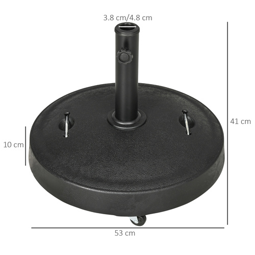 Outsunny 25kg Resin Garden Parasol Base with Wheels and Retractable Handles, Round Outdoor Market Umbrella Stand Weight for Poles of Φ38mm to Φ48mm, Black