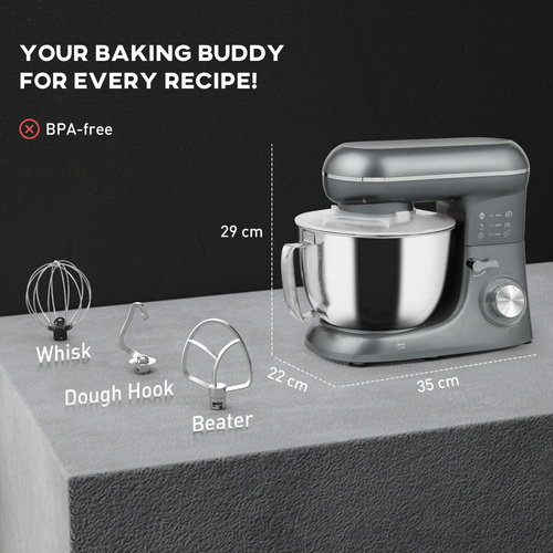 HOMCOM 1300W Kitchen Stand Mixer, with Accessories - Silver