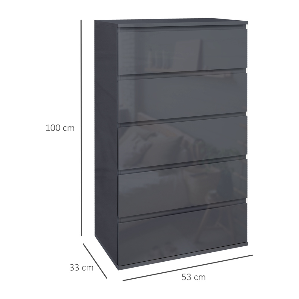 HOMCOM 5-Drawer Modern Dresser, High Gloss Storage Drawer Unit for Bedroom, Grey