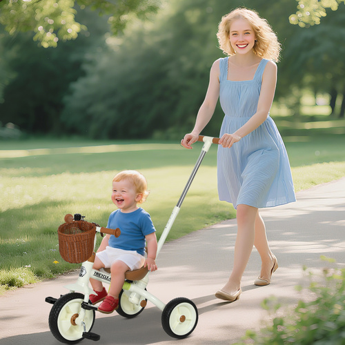 AIYAPLAY 2-In-1 Toddler Trike for 2-5 Years Old, 3 Wheel Bike with Adjustable Parent Handle, Basket for Boys and Girls, White