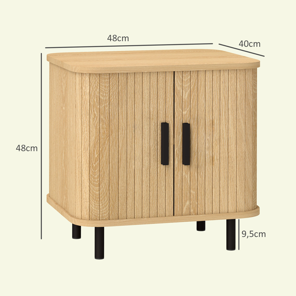 HOMCOM Bedside Table, Nordic Side Table with Roller Shutter Style Sliding Doors and Metal Legs for Bedroom, Living Room, Oak Tone