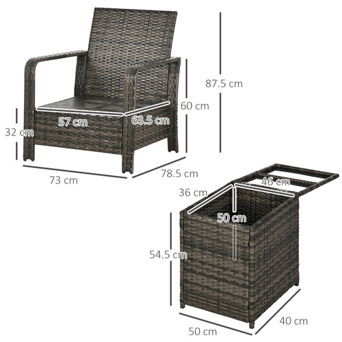 Outsunny 3 Pieces Rattan Bistro Set, Wicker Garden Furniture Set with Storage Coffee Table and Chairs, Thickened Cushions for Outdoor, Patio, Balcony, Grey