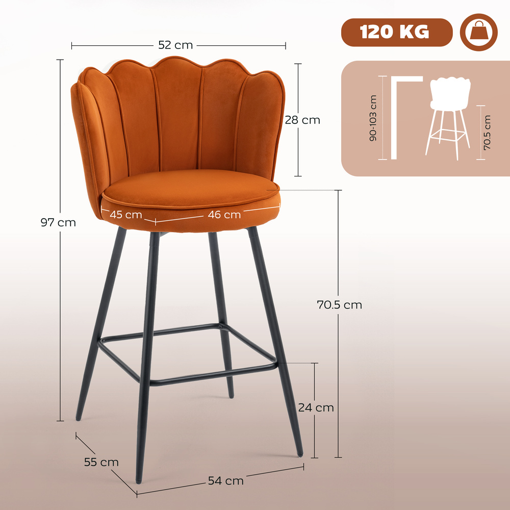 HOMCOM Set of Two Velvet-Feel Lotus Bar Stools - Orange