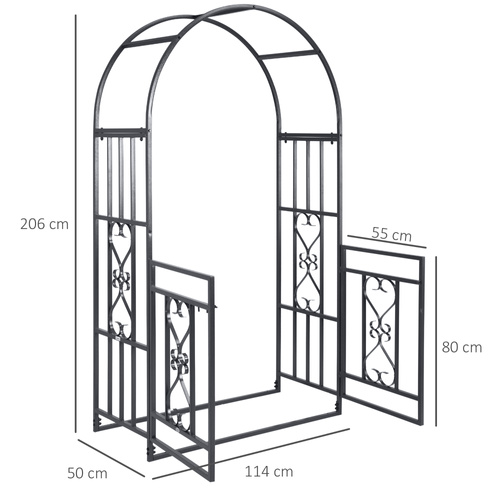 Outsunny Outdoor Garden Arch with Double Gates, Metal Garden Arbor for Climbing Plants, Roses, Vines, Wedding Arch for Outdoor, 114L x 50W x 206H cm, Dark Grey