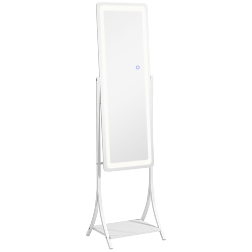 HOMCOM Free Standing Dressing Mirror with LED Lights, Full Length Mirror with 3 Temperature Colours and Storage Shelf