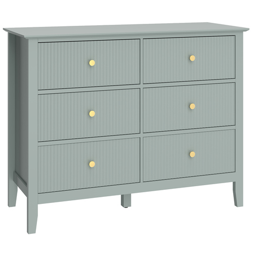 HOMCOM Fluted Dresser, 6 Drawer Chest of Drawers for Bedroom, Living Room, Hallway, Closet, Green