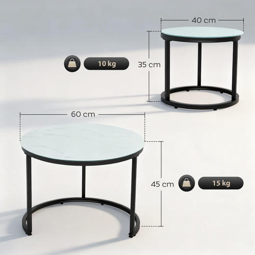 HOMCOM Glass Coffee Table Set of 2, Round Nest of Tables with Marble-Effect Tempered Glass Tabletop and Steel Frame, Modern Side Tables for Living Room, White