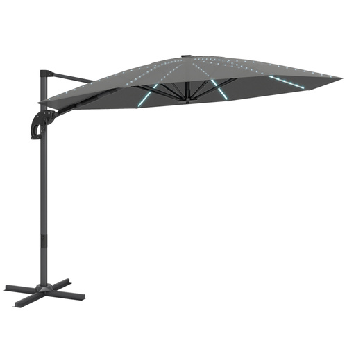 Outsunny 3(m) Cantilever Garden Parasol with Solar Powered Lights, Crank Handle & Cross Base, UPF 50+, 360° Rotation, Dark Grey