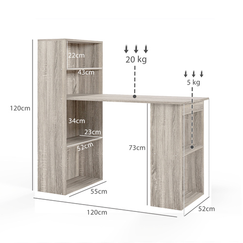 HOMCOM 120cm Computer Desk, Wooden PC Laptop Table with 6-Tier Storage Bookshelves, Home Office Working Study Desk, Writing Workstation, Grey