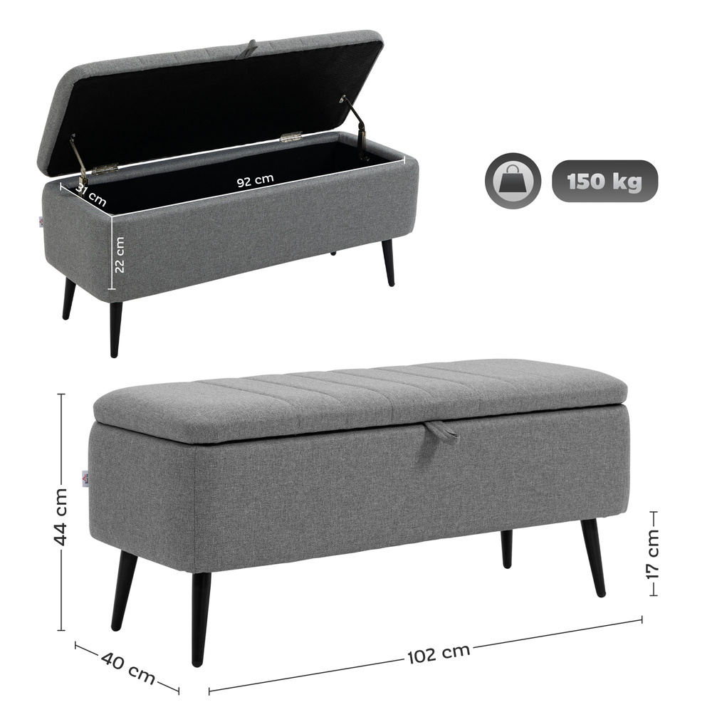 HOMCOM Storage Ottoman with Flip Top, Rectangular Upholstered Bench, Linen Look Fabric Footstool, Grey