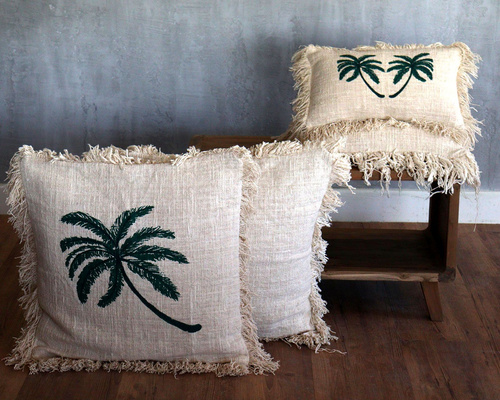Linen Cushion Cover 45x45cm Palm Tree with Fringe