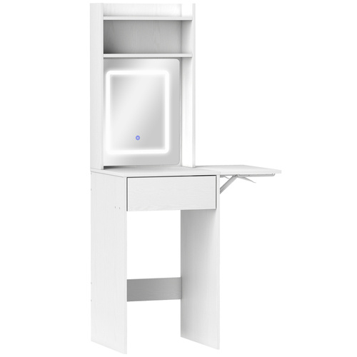 HOMCOM Small Vanity Desk with Mirror and LED Lights, Compact Dressing Table with Drop Leaf, Open Shelves and Drawer, White