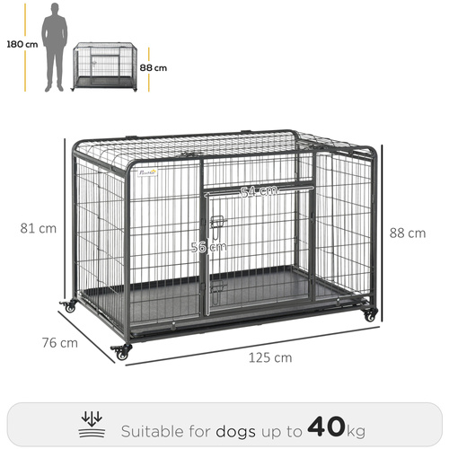 PawHut Metal Dog Cage Kennel Locking Door & Wheels Removable Tray Openable Top For Extra Large Pets 125 x 76 x 81 cm
