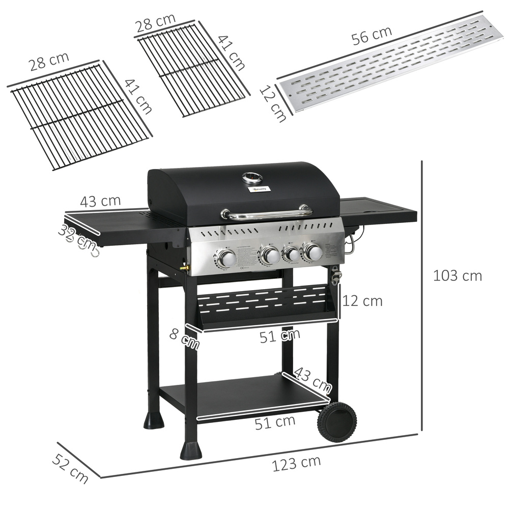 Outsunny Four-Burner Steel Gas Grill, with Thermometer - Black