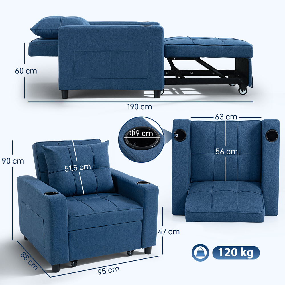 HOMCOM 3-in-1 Single Sofa Bed, Convertible Sleeper Chair Bed - Dark Blue