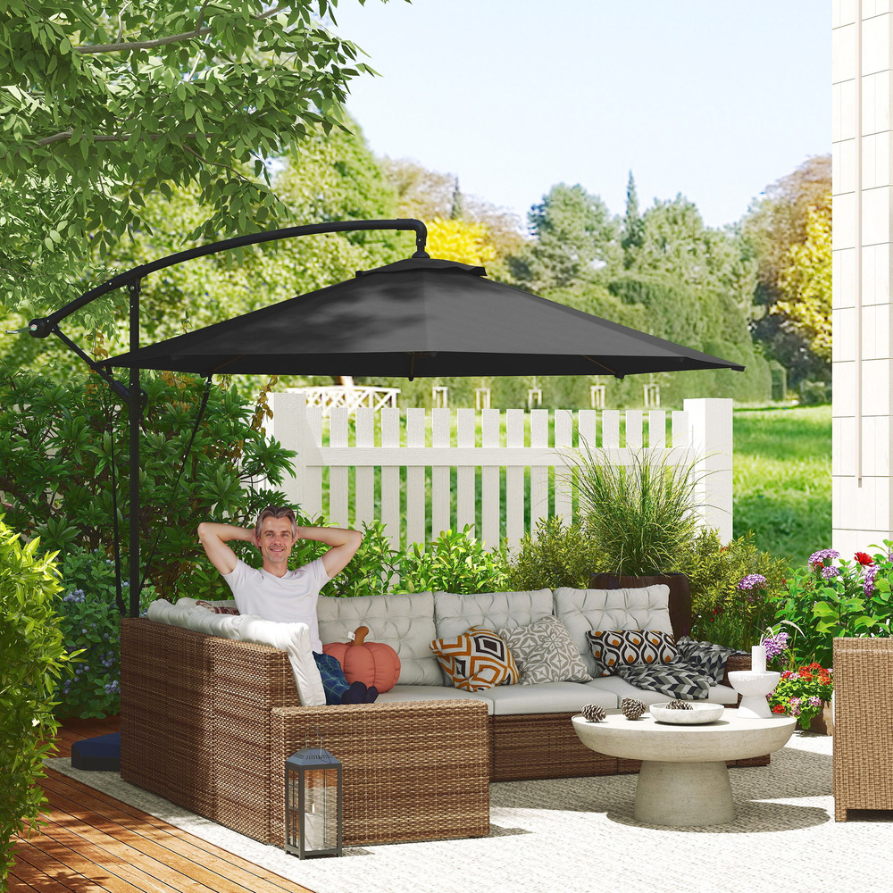 Outsunny 3(m) Garden Cantilever Parasol with Fillable Base up to 90kg, Wind Protection Strap, Cover, Round Banana Hanging Umbrella with Crank Handle and Tilt, UPF50+ Patio Umbrella, Grey