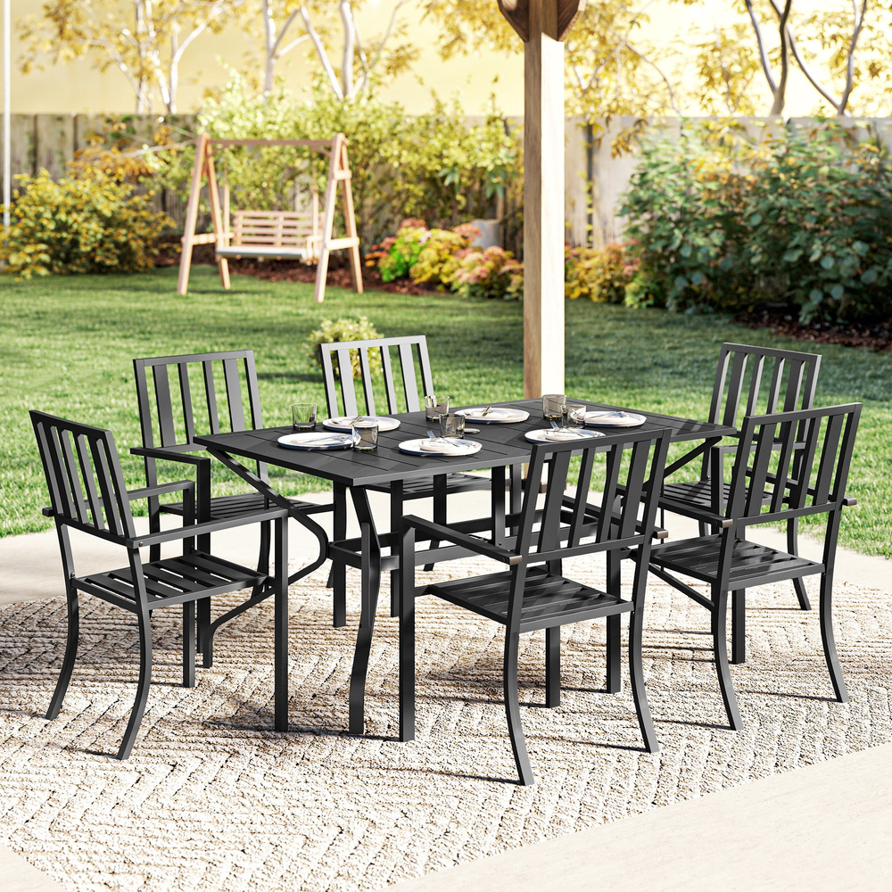 Outsunny 7 Pieces Garden Table and Chairs 6 Seater Outdoor Table and Chairs with Umbrella Hole, for Poolside, Garden, Black