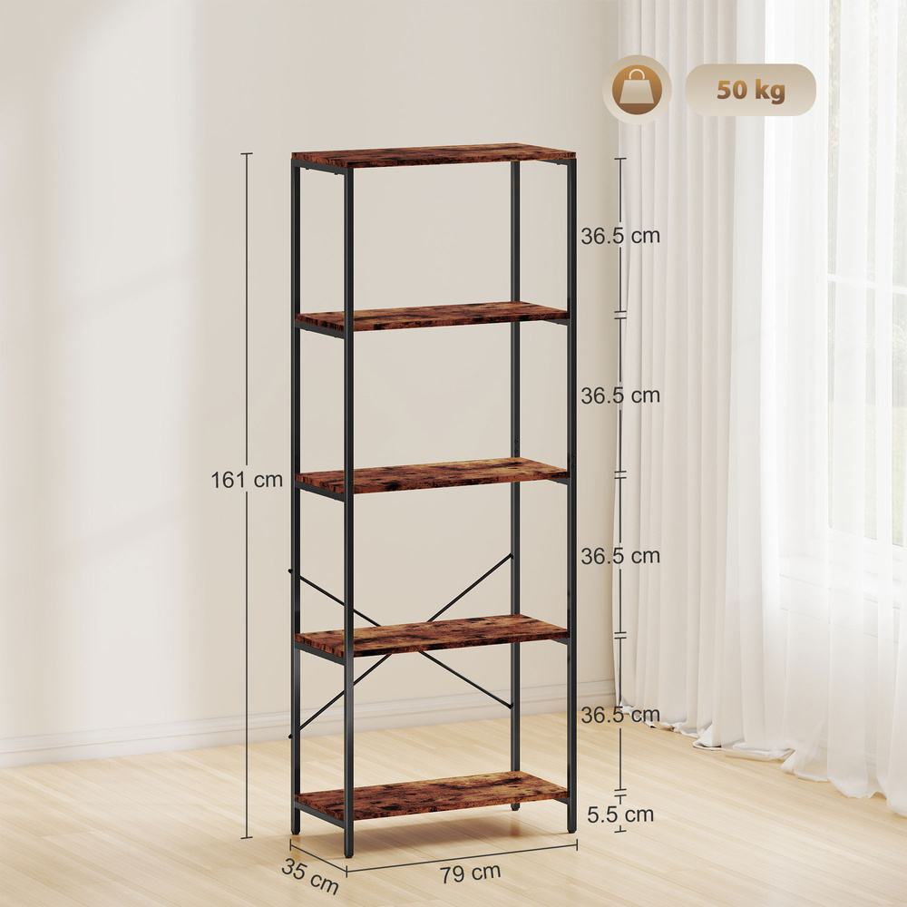 HOMCOM 5-Tier Bookshelf, Industrial Bookcase with Metal Frame - Rustic Brown and Black