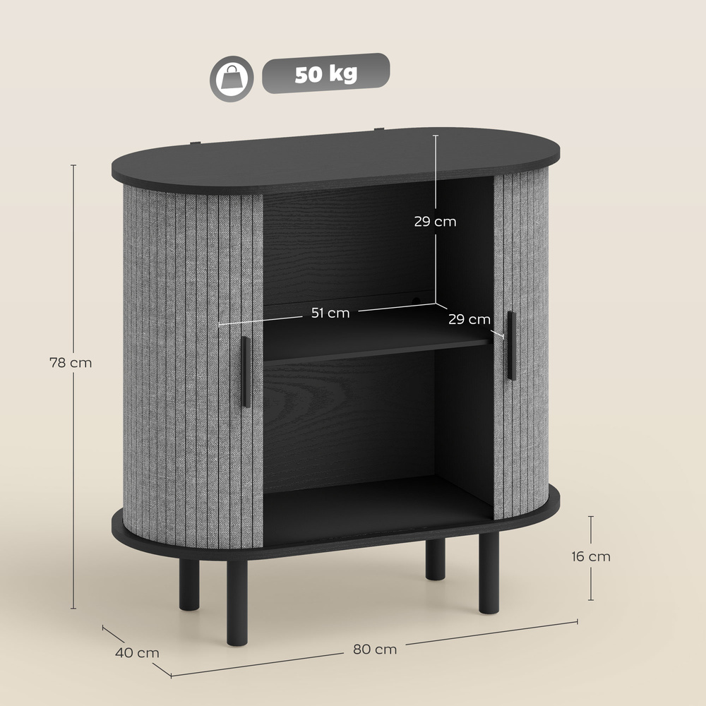 HOMCOM Tambour Sideboard with Fluted Sliding Doors, Modern Kitchen Cupboard with Storage Shelves and Wooden Legs, Grey