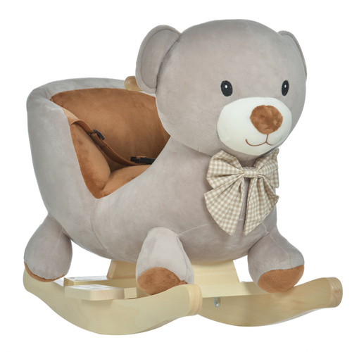 HOMCOM Kids Children Rocking Horse Plush Ride On Bear Seat w/ Sound Wood Base Seat Safety Belt Toddler Baby Toy for 18-36 Months Grey