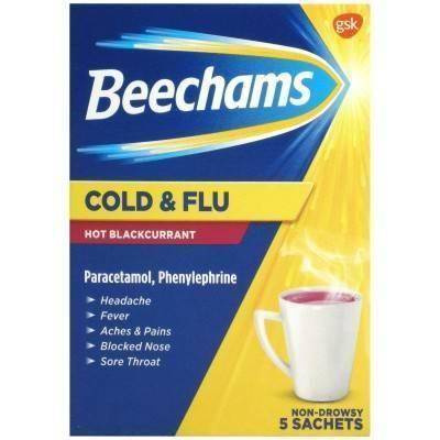 Beechams Cold and Flu Hot Blackcurrant for Headache Fever and Pains 5 Sachets