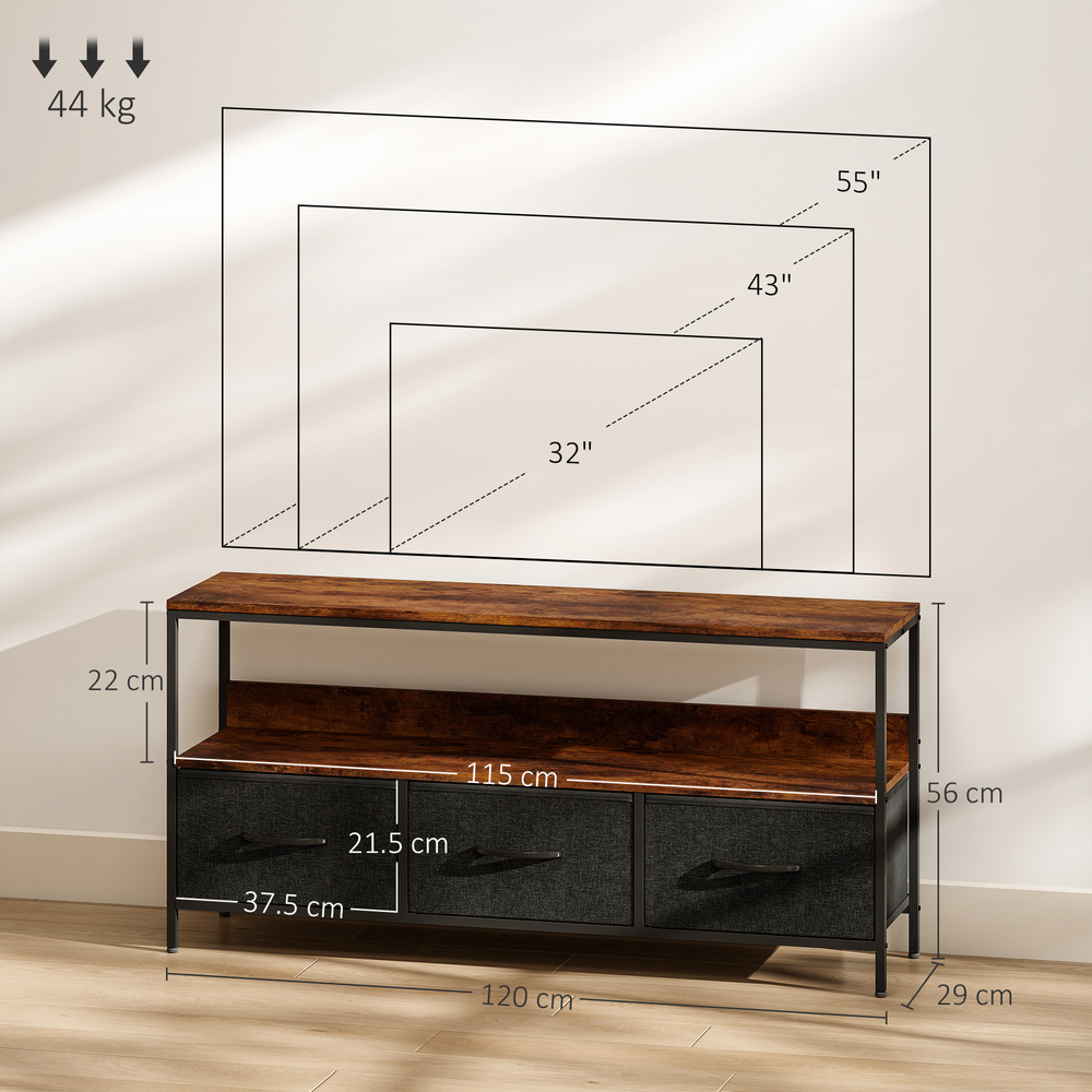 HOMCOM TV Stand Cabinet with 3 Foldable Drawers - Rustic Brown