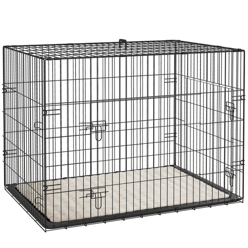 PawHut Foldable Dog Crate with 2 Doors with Tray, Soft Cushion, for Large Medium Dogs, 90 x 58 x 62, Black