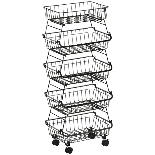 HOMCOM 5 Tier Storage Trolley, Stackable Fruit Vegetable Cart for Kitchen, Living Room, 40 x 2 x 97 cm, Black