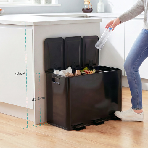 HOMCOM 3 x 15L Pedal Bin, Steel Triple Kitchen Bin with Soft Close Lid, Removable Inner Buckets, Fingerprint-Proof, Black
