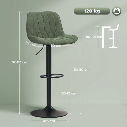HOMCOM Breakfast Bar Stools Set of 2 Linen upholstery 60-80cm Adjustable Height - Green