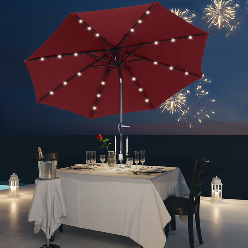Outsunny Φ2.7m Garden 24 LED Light Parasol Solar Outdoor Tilt Sun Umbrella Patio Club Party Event Manual Sun Shade w/ Hand Crank and 8 Ribs, Red