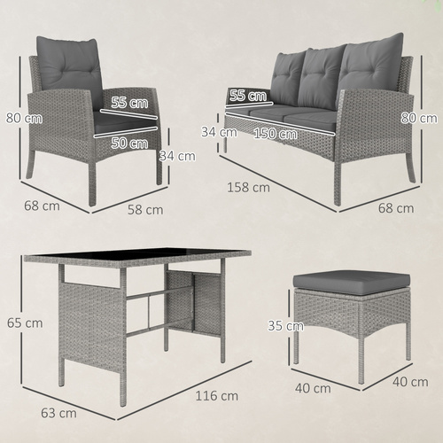 Outsunny 5 Seater Rattan Garden Furniture Set, 6 Piece Garden Sofa Set, Armchairs, 3-Seater Sofa, Footstools, Glass Dining Table, Cushions, Wicker Outdoor Furniture for Conservatory Patio, Grey