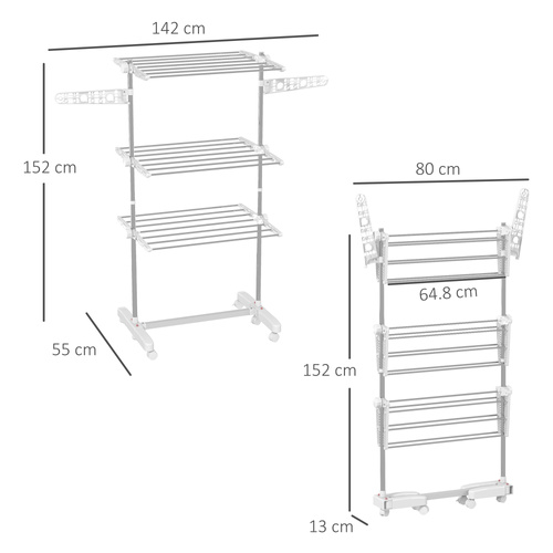 HOMCOM 3-Tier Clothes Airer, Stainless Steel Foldable Clothes Drying Rack with Wheels and Wings, Indoor and Outdoor, Easy Assembly, 142 x 55 x 152cm, White